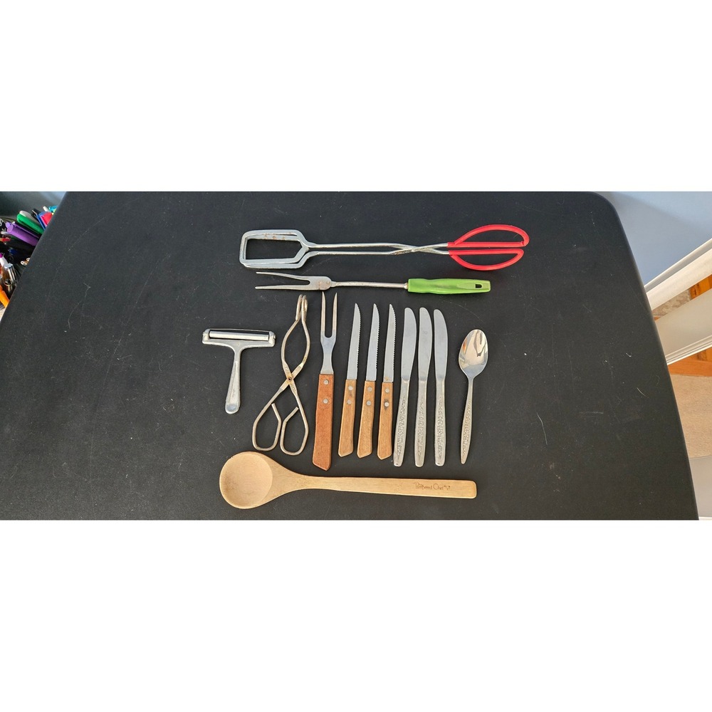 Mixed Kitchen Utensil Lot Pampered Chef Wooden Spoon Ekco Tongs Cutlery 13pc